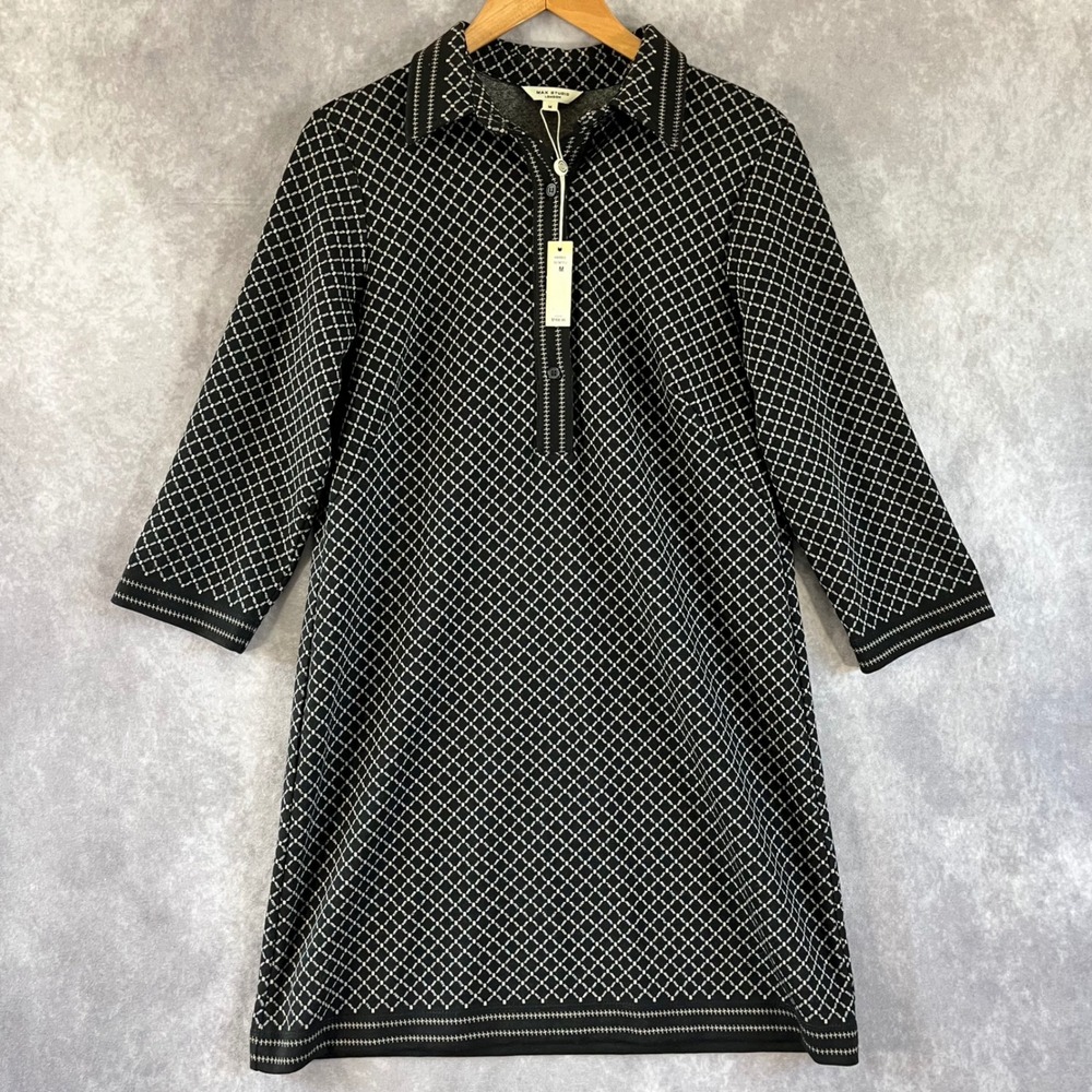 Max Studio Knit Shift Dress Women Medium Black White Geometric 3/4 Sleeve NEW